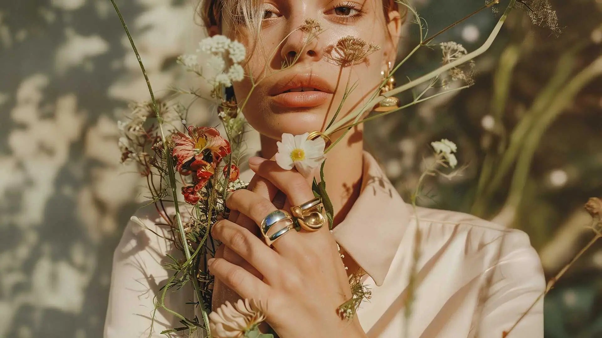 Woman holding flowers with a blurred background